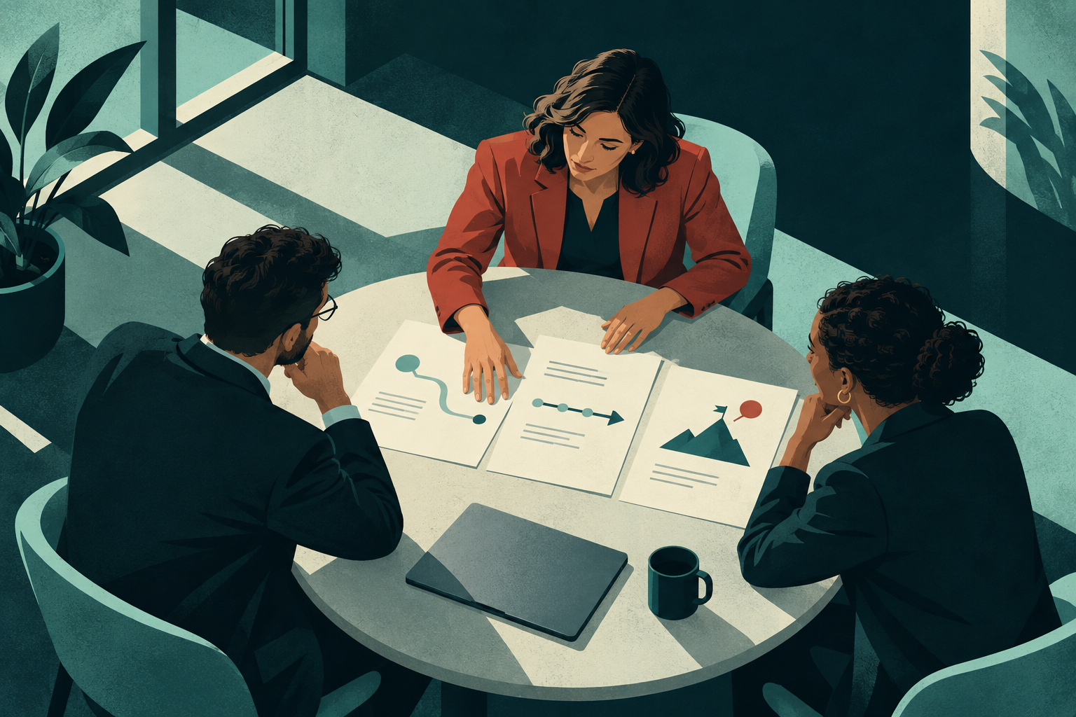 Illustration of a security advisor reviewing a strategic roadmap with business leaders.
